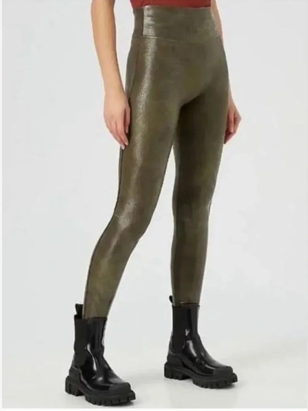 Spanx Faux Leather Croc Embossed Leggings Dark Olive High Rise Slim Fit Size M